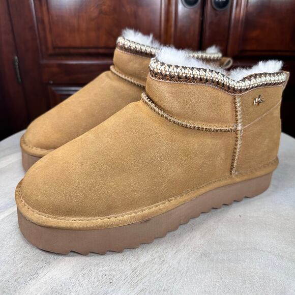 Mexx Womens Size 9.5 US Suede Shearling Boot Chestnut Fur Lined Ankle Platform - Picture 1 of 14